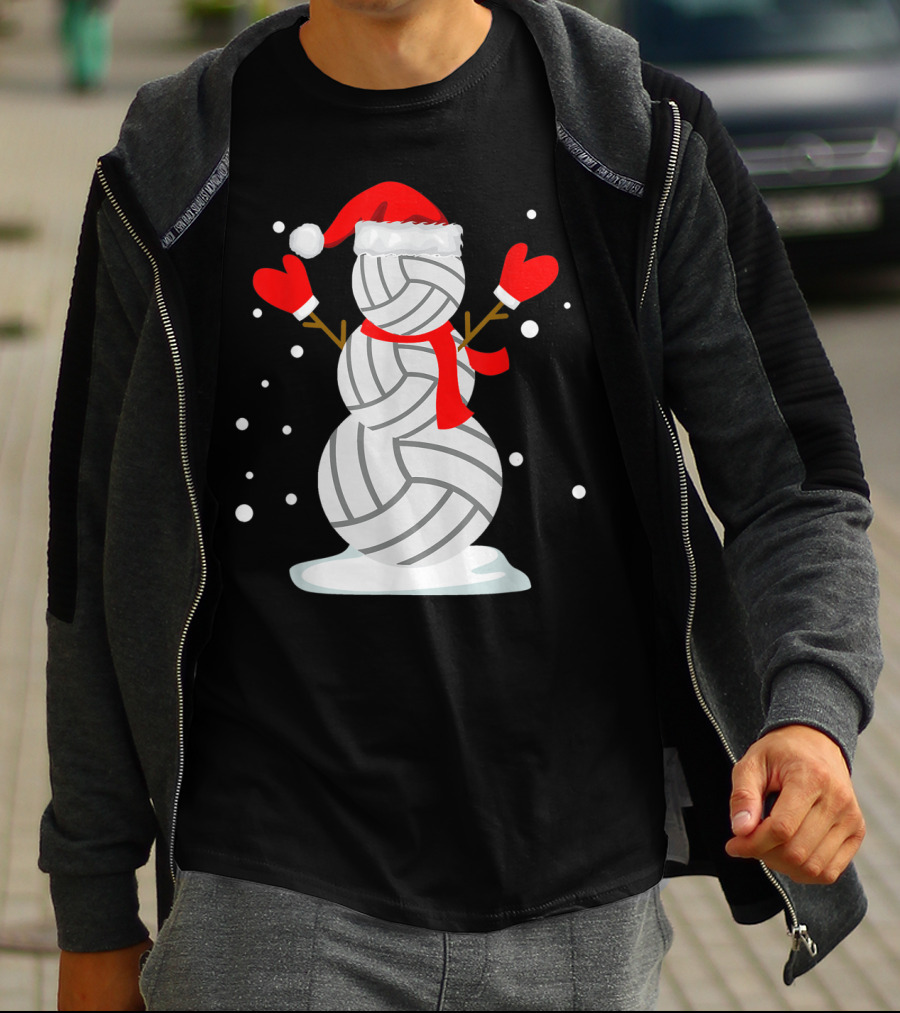 Volleyball Snowman With Santa Hat And Red Mittens T-Shirt