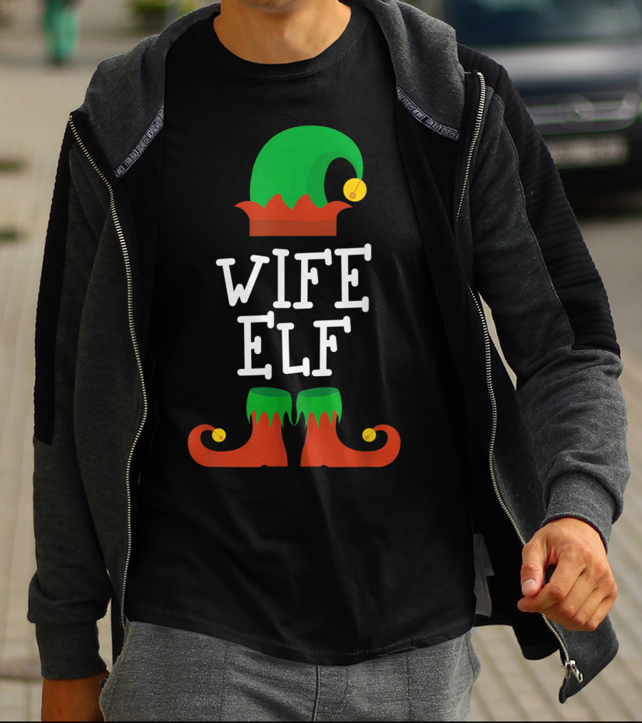 Wife Elf Christmas Holiday Costume Hat And Shoes T-Shirt