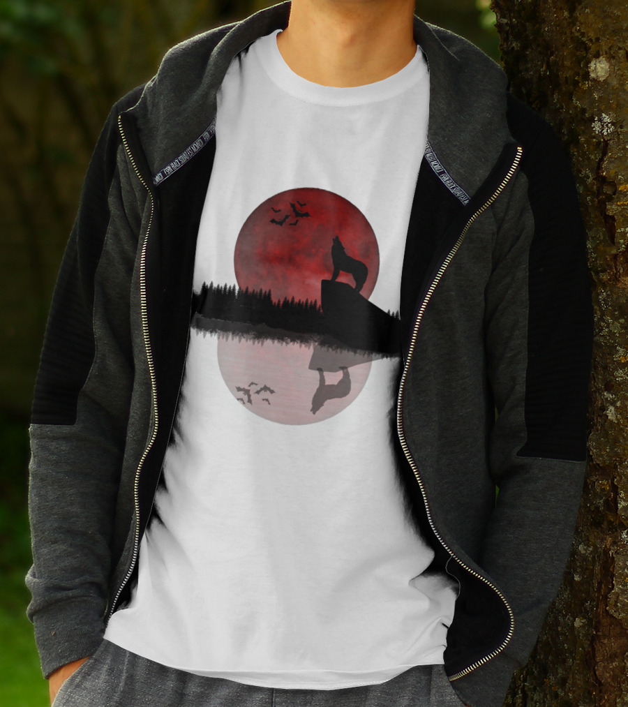 Wolf Howling At Blood Moon With Bats Silhouette And Starry Night Reflection T-Shirt