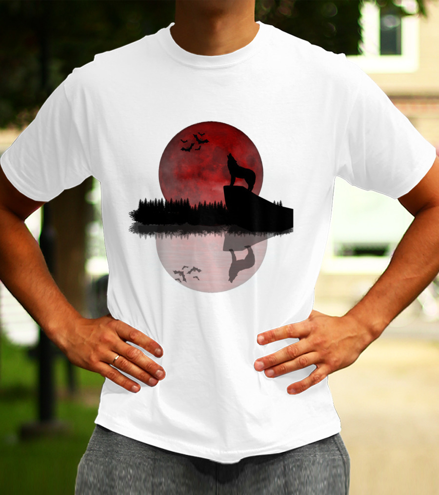 Wolf Howling At Blood Moon With Bats Silhouette And Starry Night Reflection T-Shirt