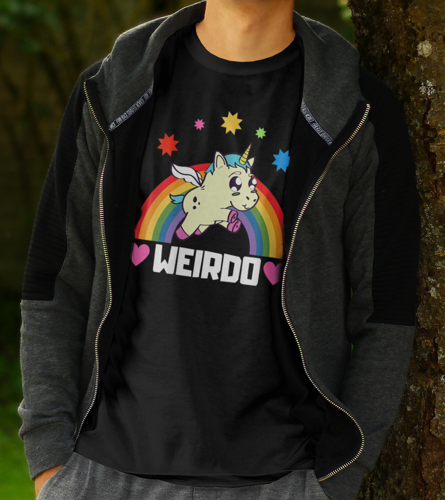 Weird Funny Weirdo Outcast Unicorn Rainbow Hearts Stars T-Shirt