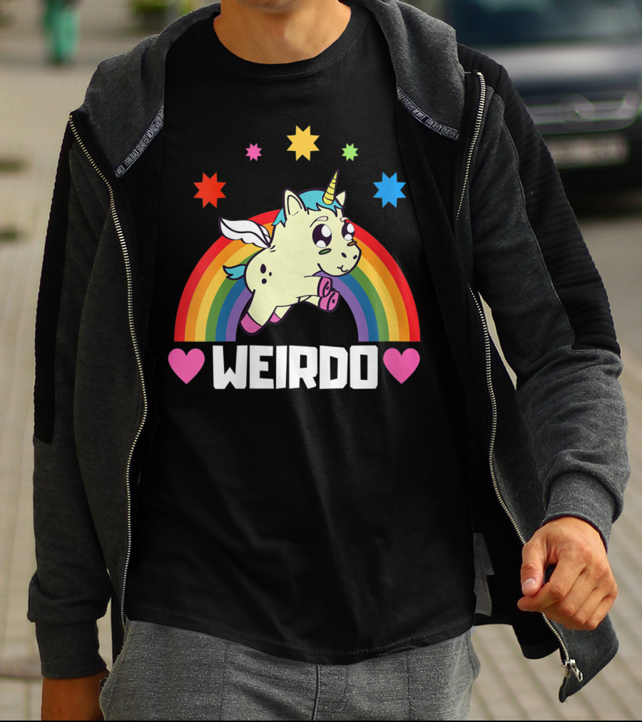 Weird Funny Weirdo Outcast Unicorn Rainbow Hearts Stars T-Shirt
