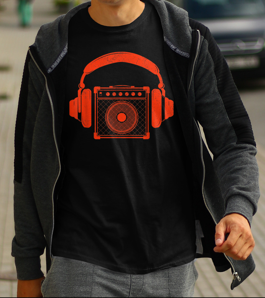 Red Headphones Over Speakerbox Music Lovers Novelty T-Shirt