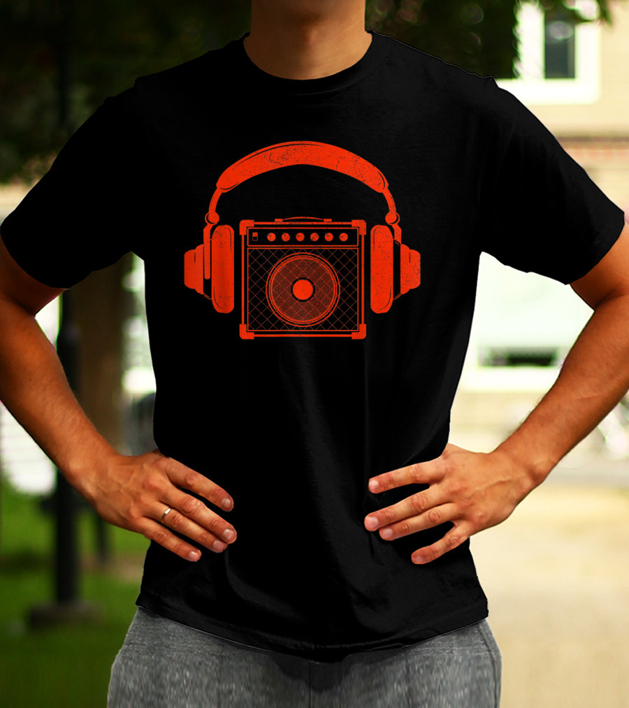 Red Headphones Over Speakerbox Music Lovers Novelty T-Shirt