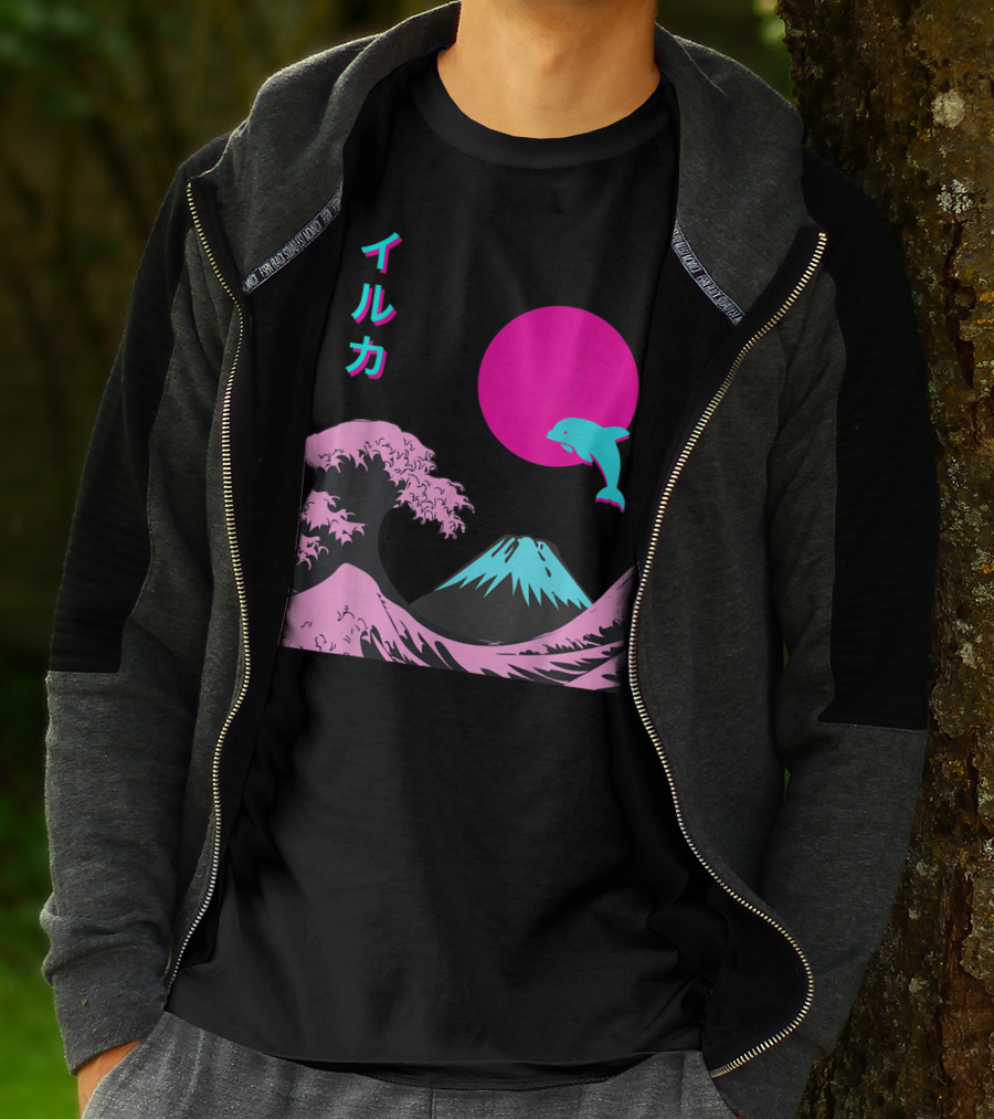 Retro Aesthetic Iruka Dolphin With Japanese Writing And Mount Fuji In Neon Colors T-Shirt