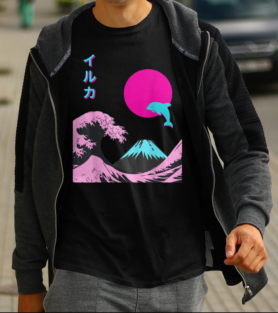 Retro Aesthetic Iruka Dolphin With Japanese Writing And Mount Fuji In Neon Colors T-Shirt