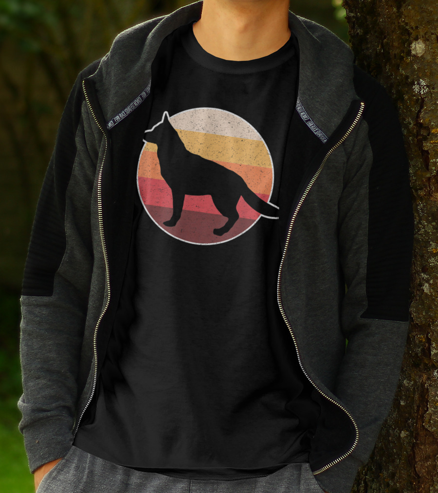 Vintage German Shepherd Silhouette With Retro Sunset Stripes T-Shirt