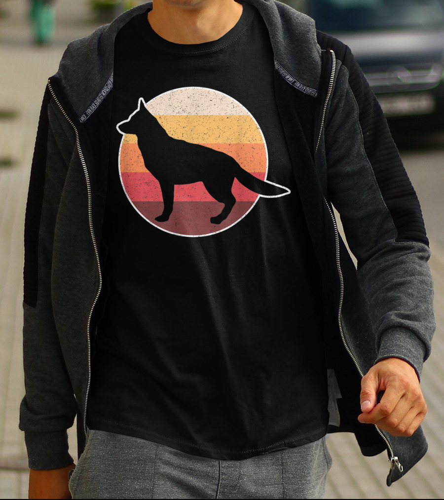 Vintage German Shepherd Silhouette With Retro Sunset Stripes T-Shirt