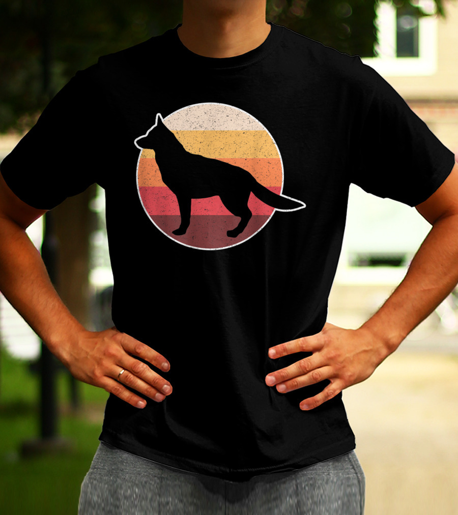 Vintage German Shepherd Silhouette With Retro Sunset Stripes T-Shirt