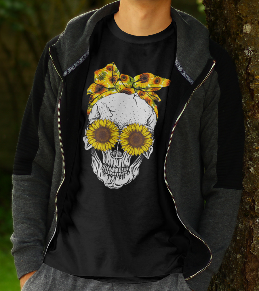 Skull With Sunflower Glasses And Floral Headband T-Shirt