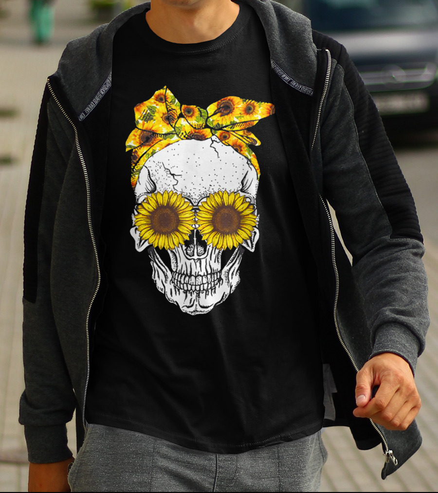 Skull With Sunflower Glasses And Floral Headband T-Shirt