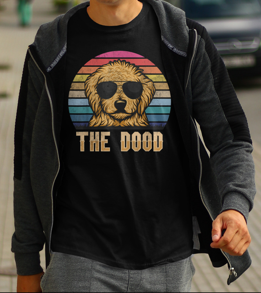 Retro Vintage Goldendoodle The Dood Dad Sunglasses Rainbow Stripes T-Shirt