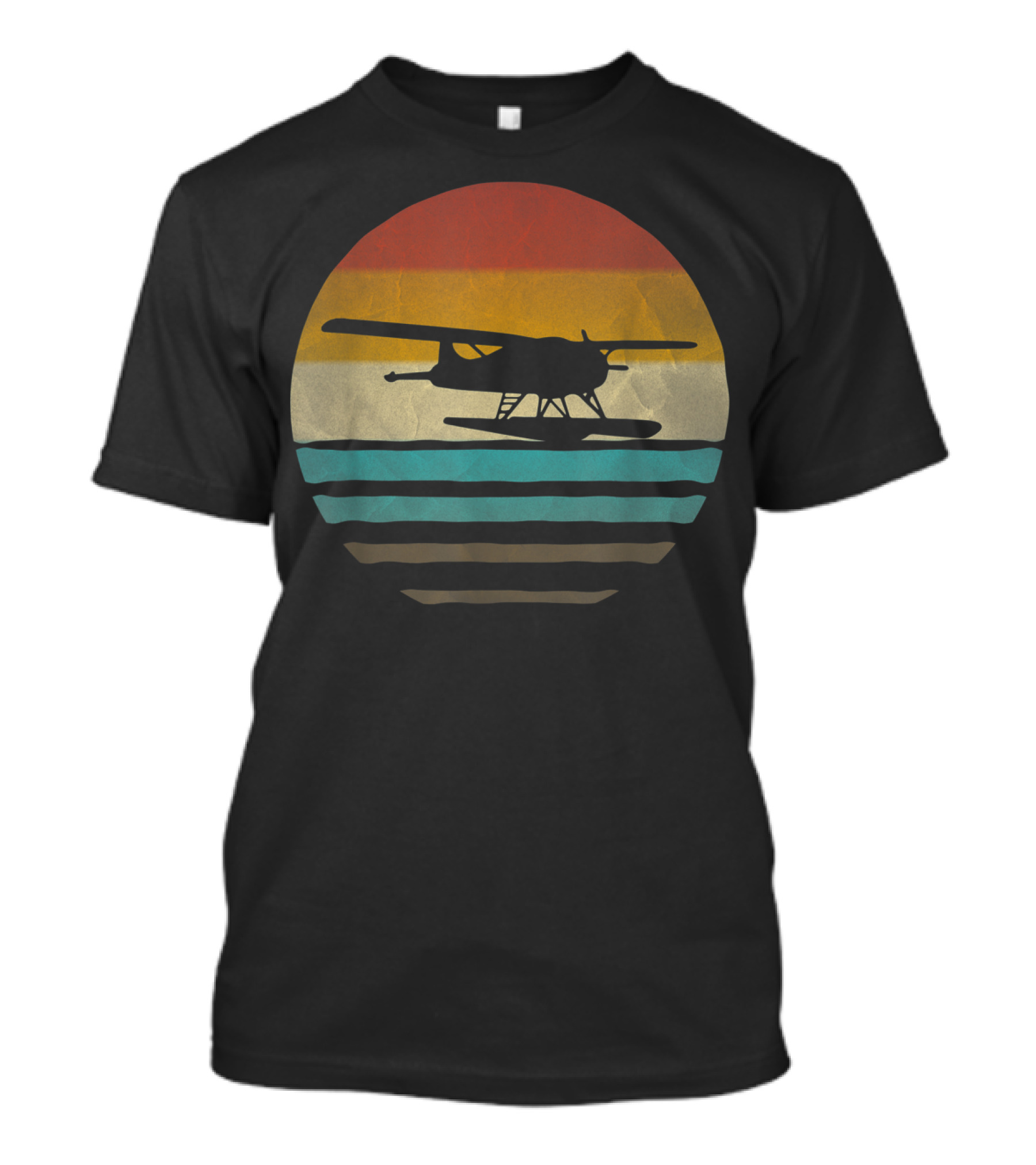 Retro Vintage Seaplane Silhouette In Sunset Stripe Circle T-Shirt