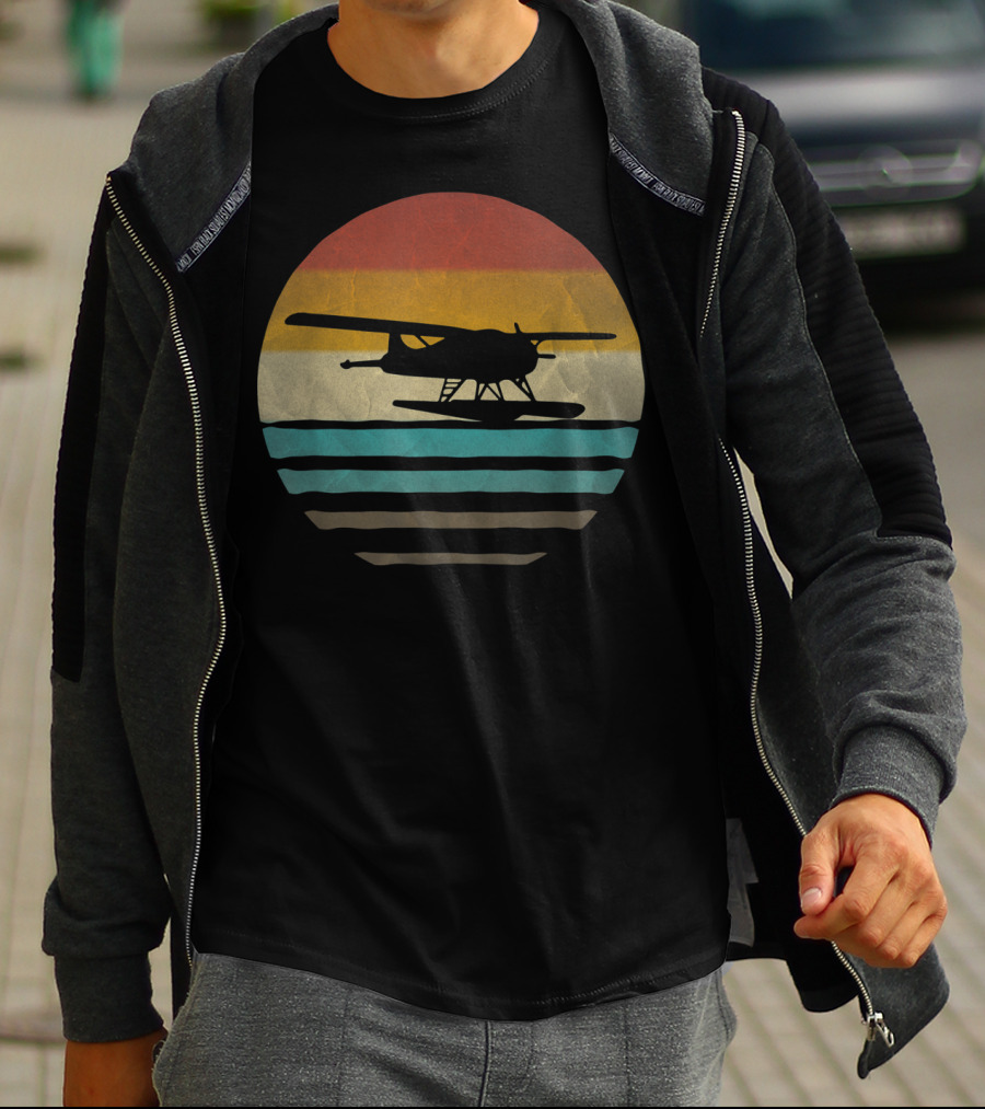 Retro Vintage Seaplane Silhouette In Sunset Stripe Circle T-Shirt