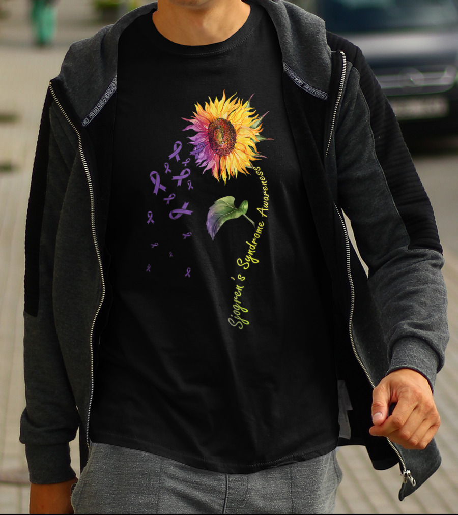 Sjogren's Syndrome Awareness Sunflower With Purple Ribbons T-Shirt
