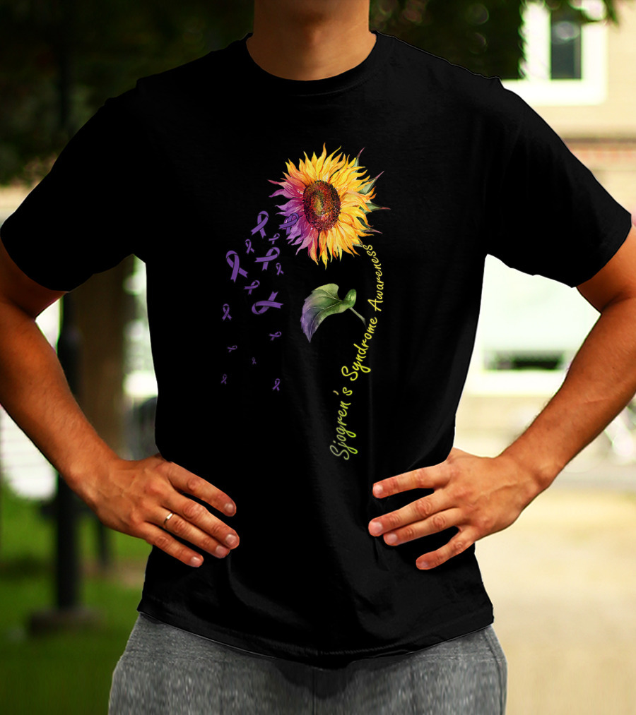 Sjogren's Syndrome Awareness Sunflower With Purple Ribbons T-Shirt
