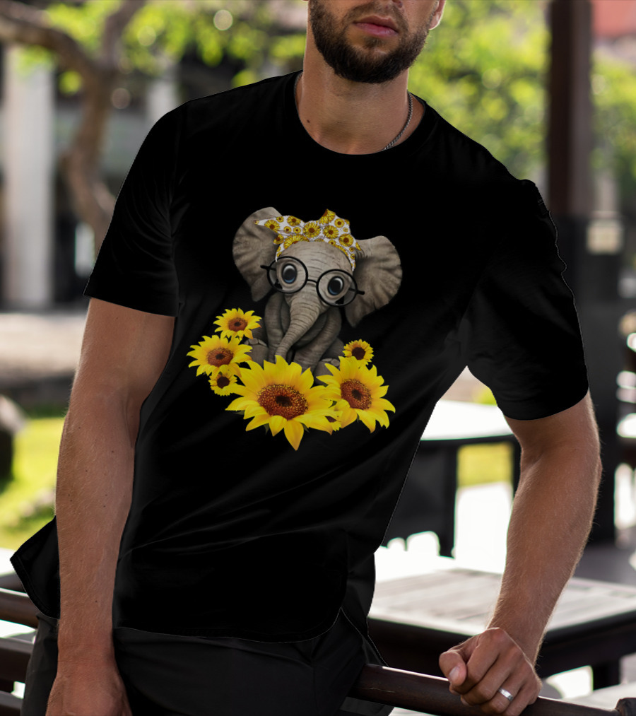 Sunflower Elephant For Woman Who Loves Elephant With Glasses And Floral Headband T-Shirt