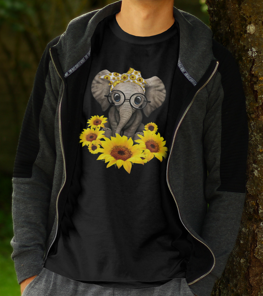 Sunflower Elephant For Woman Who Loves Elephant With Glasses And Floral Headband T-Shirt