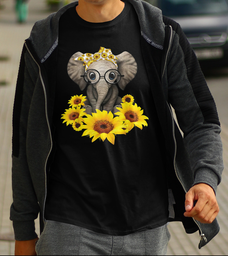 Sunflower Elephant For Woman Who Loves Elephant With Glasses And Floral Headband T-Shirt