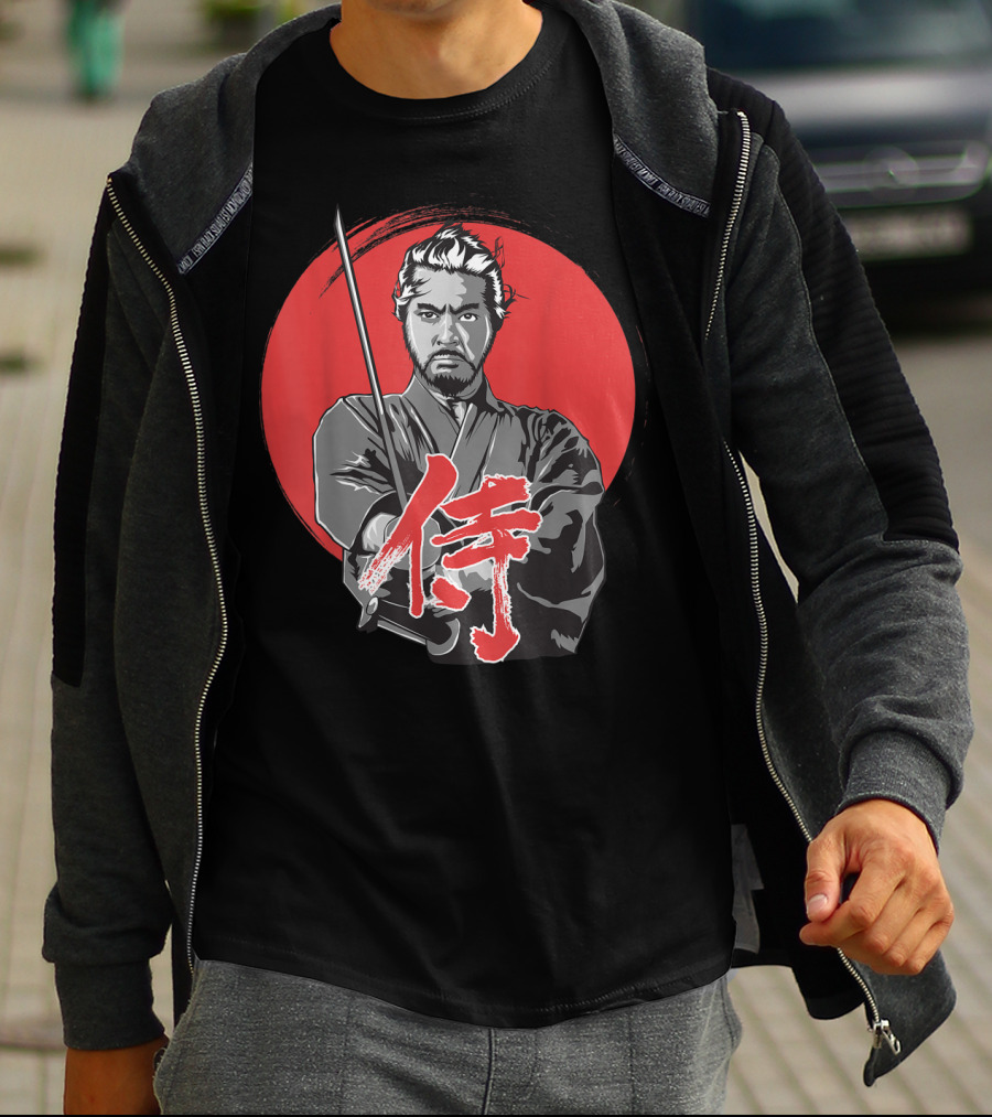 Samurai Warrior With Katana Red Sun Background T-Shirt