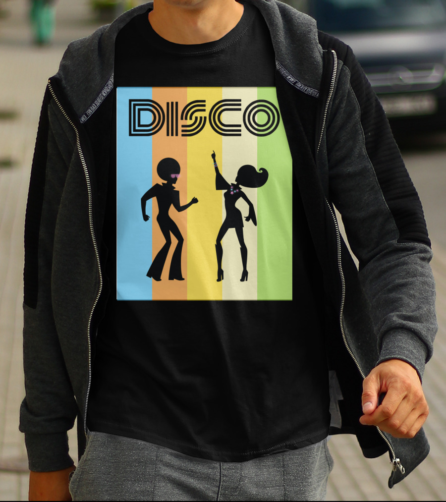 Disco Dancing 70s Disco Dancer With Silhouette And Retro Stripes T-Shirt