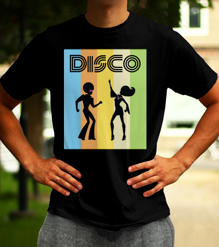 Disco Dancing 70s Disco Dancer With Silhouette And Retro Stripes T-Shirt