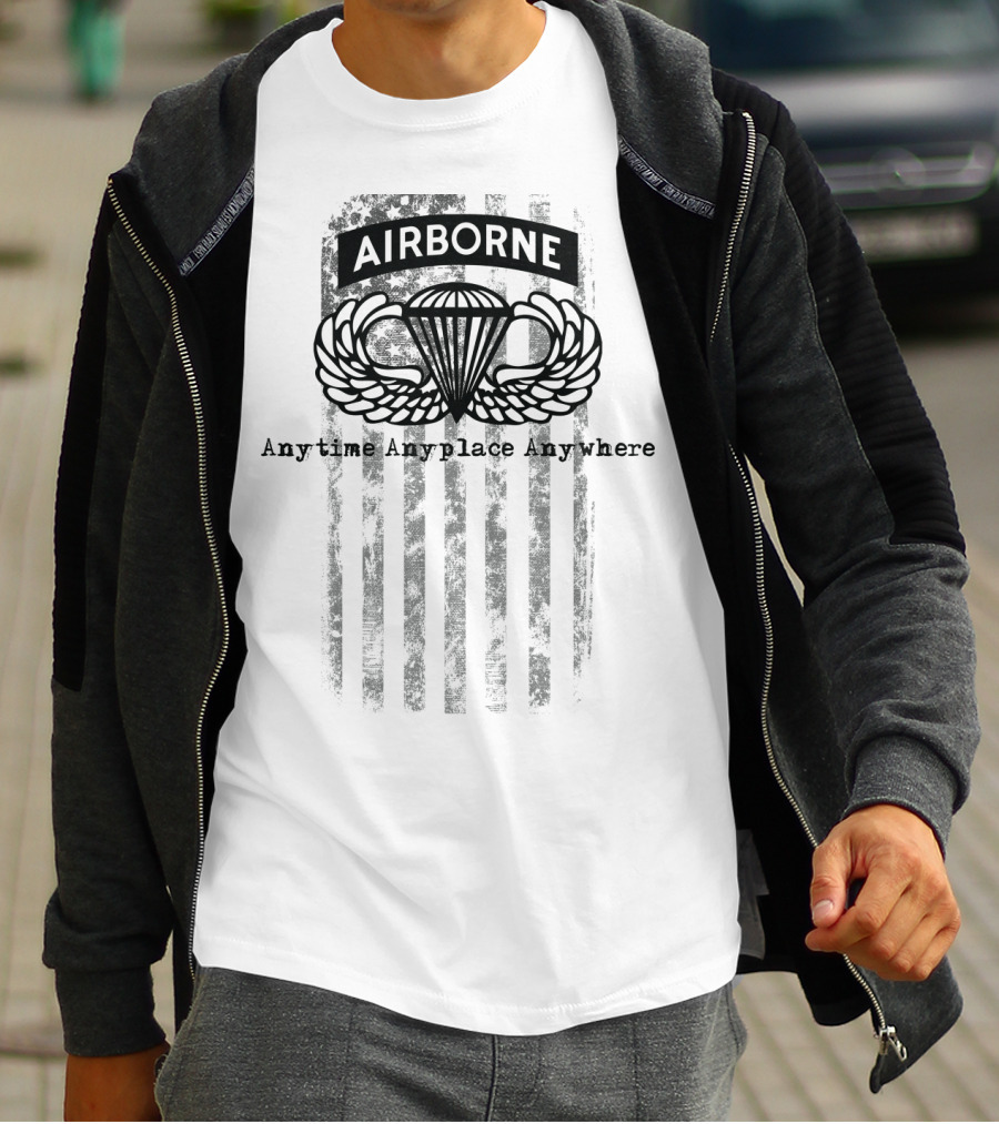 Airborne Paratrooper Black Jump Wings Anytime Anyplace Anywhere T-Shirt