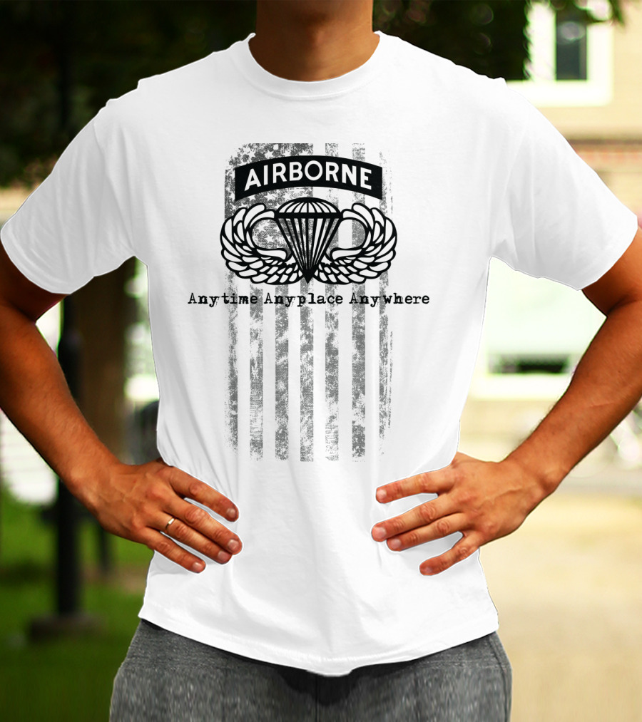 Airborne Paratrooper Black Jump Wings Anytime Anyplace Anywhere T-Shirt