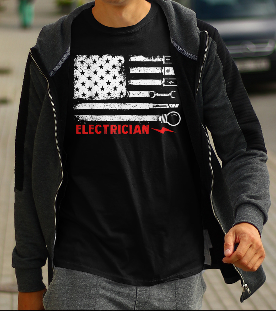 American Flag Electrician With Tools And Symbols T-Shirt
