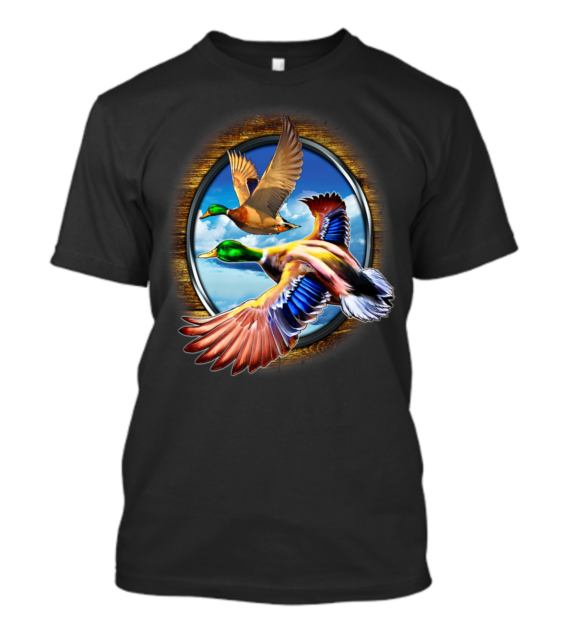 Flying Duck Hunting Scene With Colorful Ducks In Motion T-Shirt