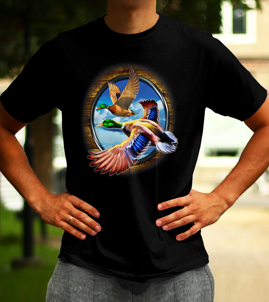Flying Duck Hunting Scene With Colorful Ducks In Motion T-Shirt