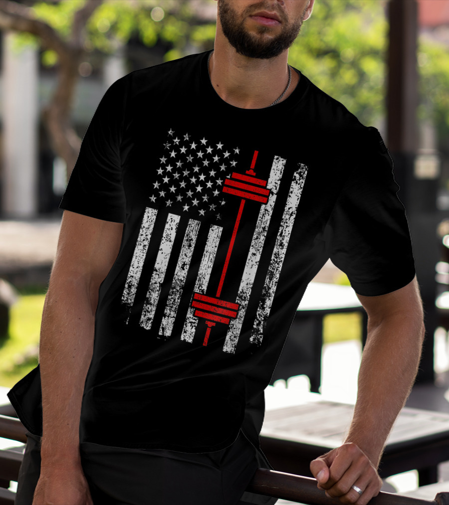 American Flag Barbell Weightlifting Fitness Strength T-Shirt