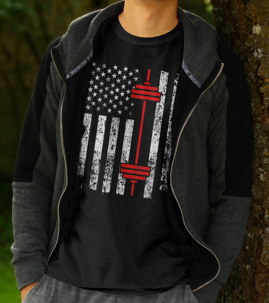 American Flag Barbell Weightlifting Fitness Strength T-Shirt