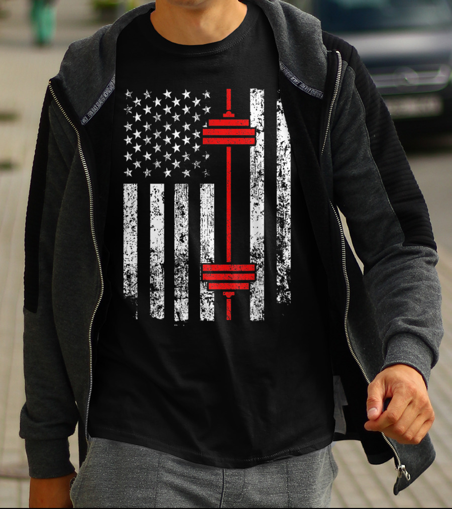 American Flag Barbell Weightlifting Fitness Strength T-Shirt