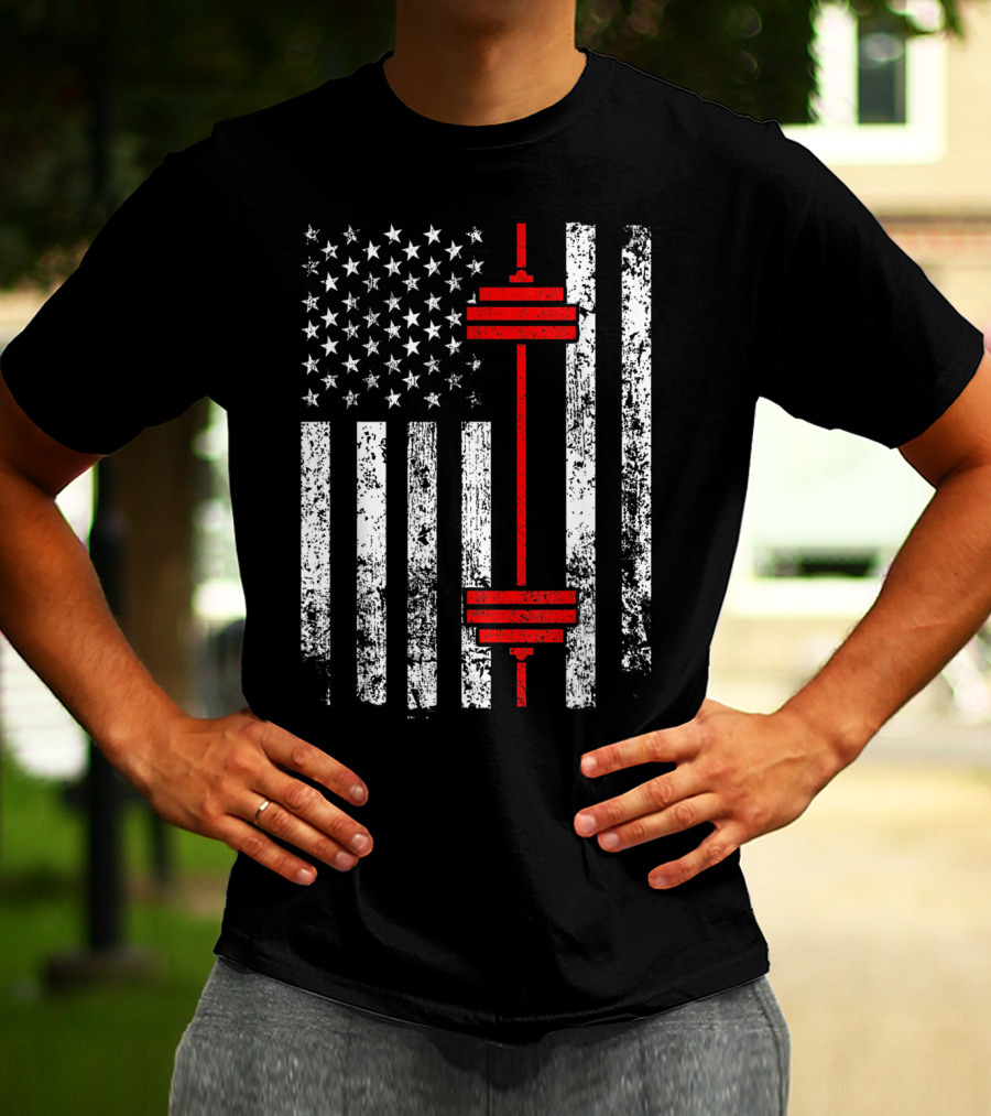 American Flag Barbell Weightlifting Fitness Strength T-Shirt