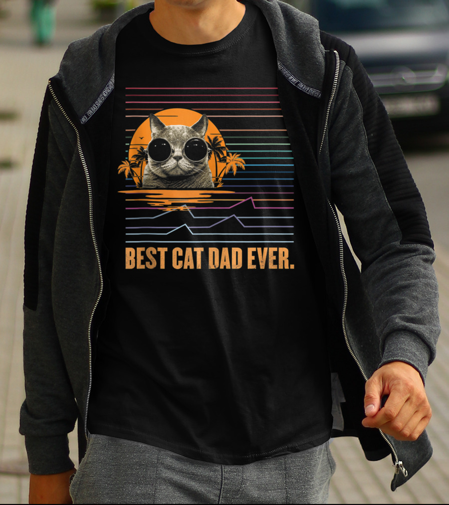 Best Cat Dad Ever Retro Sunset Cat With Sunglasses And Palm Trees T-Shirt