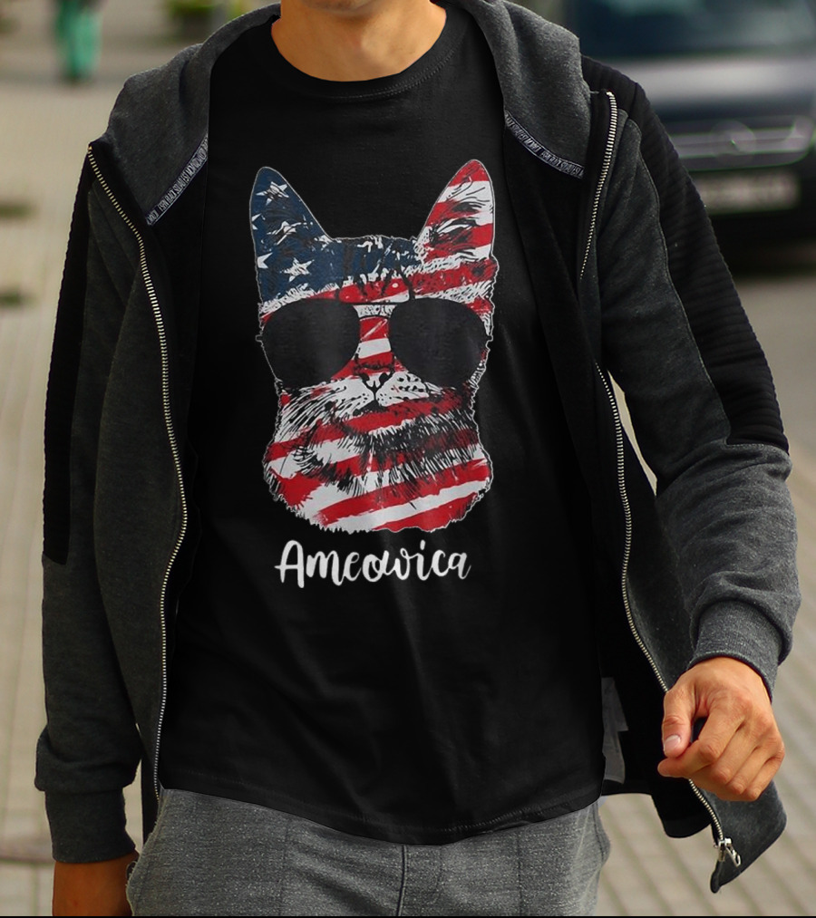 Ameowica American Flag Cat With Sunglasses T-Shirt