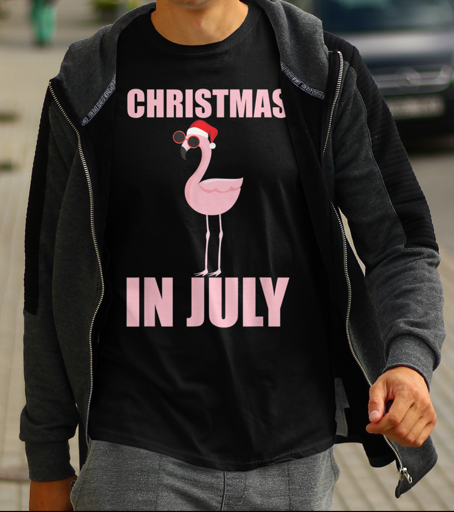 Christmas In July Funny Flamingo In Santa Hat T-Shirt