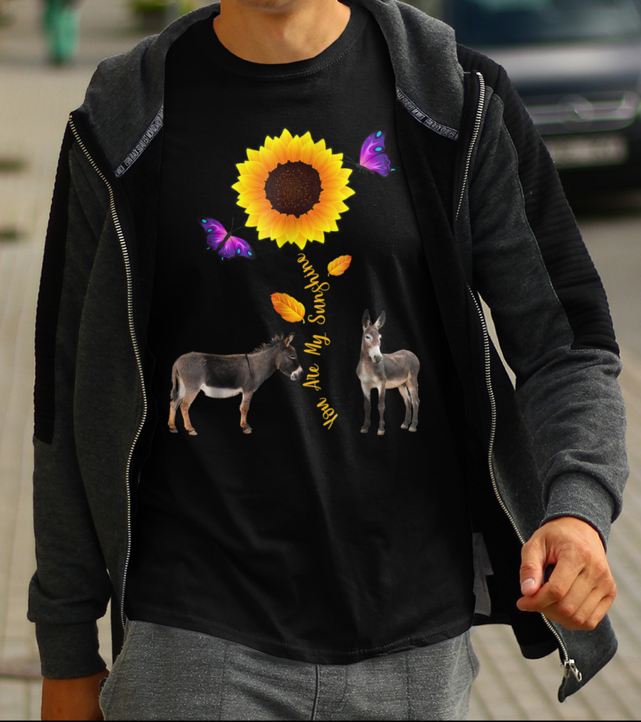 Donkey You Are My Sunshine Sunflower With Butterflies And Leaves T-Shirt