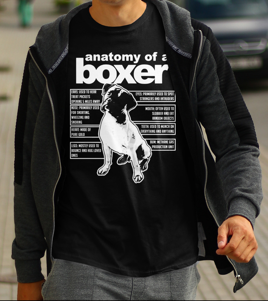 Anatomy Of A Boxer Funny Boxer With Ears Eyes Nose Mouth Heart Legs Teeth Bun T-Shirt