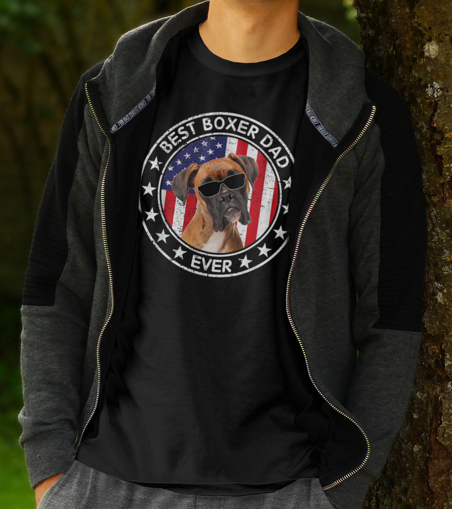 Best Boxer Dad Ever American Flag With Cool Sunglasses Dog T-Shirt