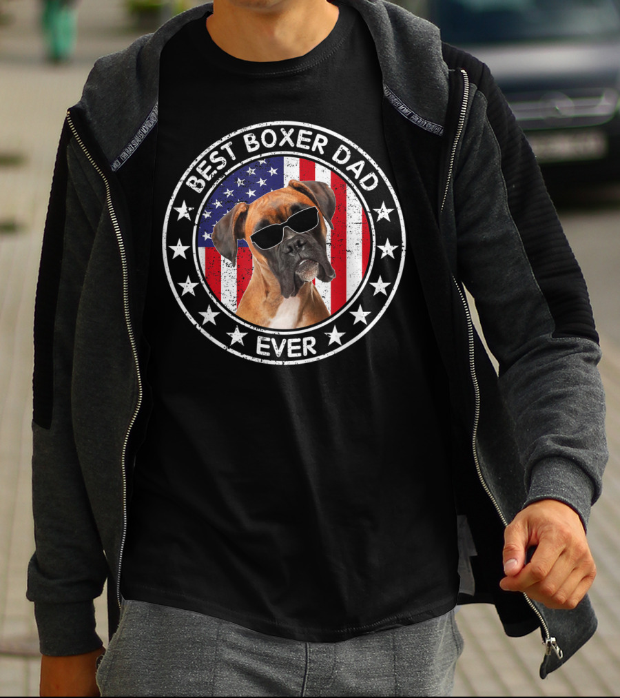 Best Boxer Dad Ever American Flag With Cool Sunglasses Dog T-Shirt