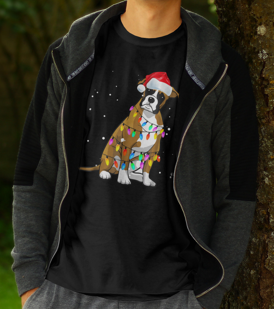 Boxer Dog Wrapped In Christmas Lights Wearing Santa Hat T-Shirt