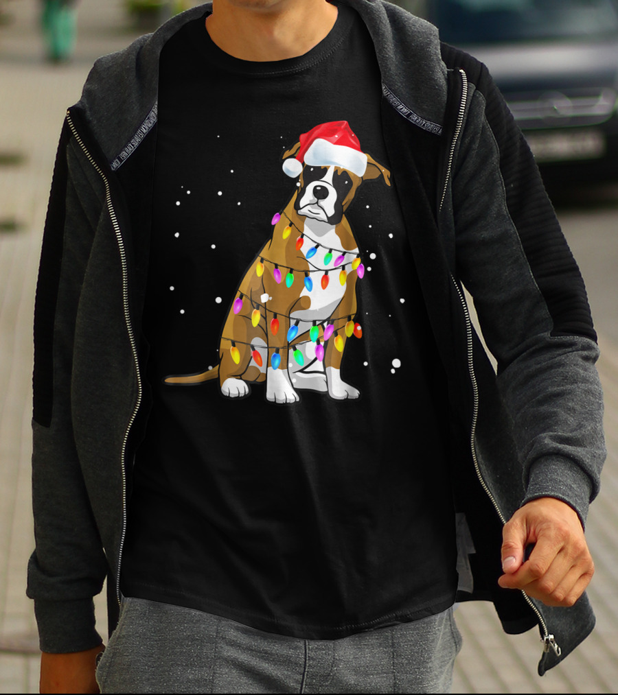 Boxer Dog Wrapped In Christmas Lights Wearing Santa Hat T-Shirt