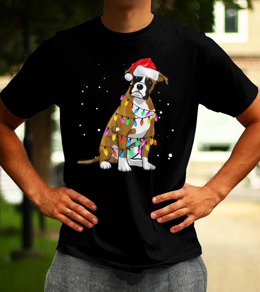 Boxer Dog Wrapped In Christmas Lights Wearing Santa Hat T-Shirt