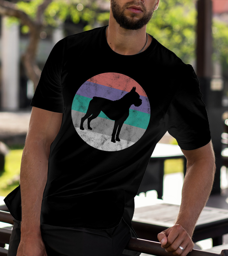 Boxer Dog Silhouette With Striped Circle Retro T-Shirt