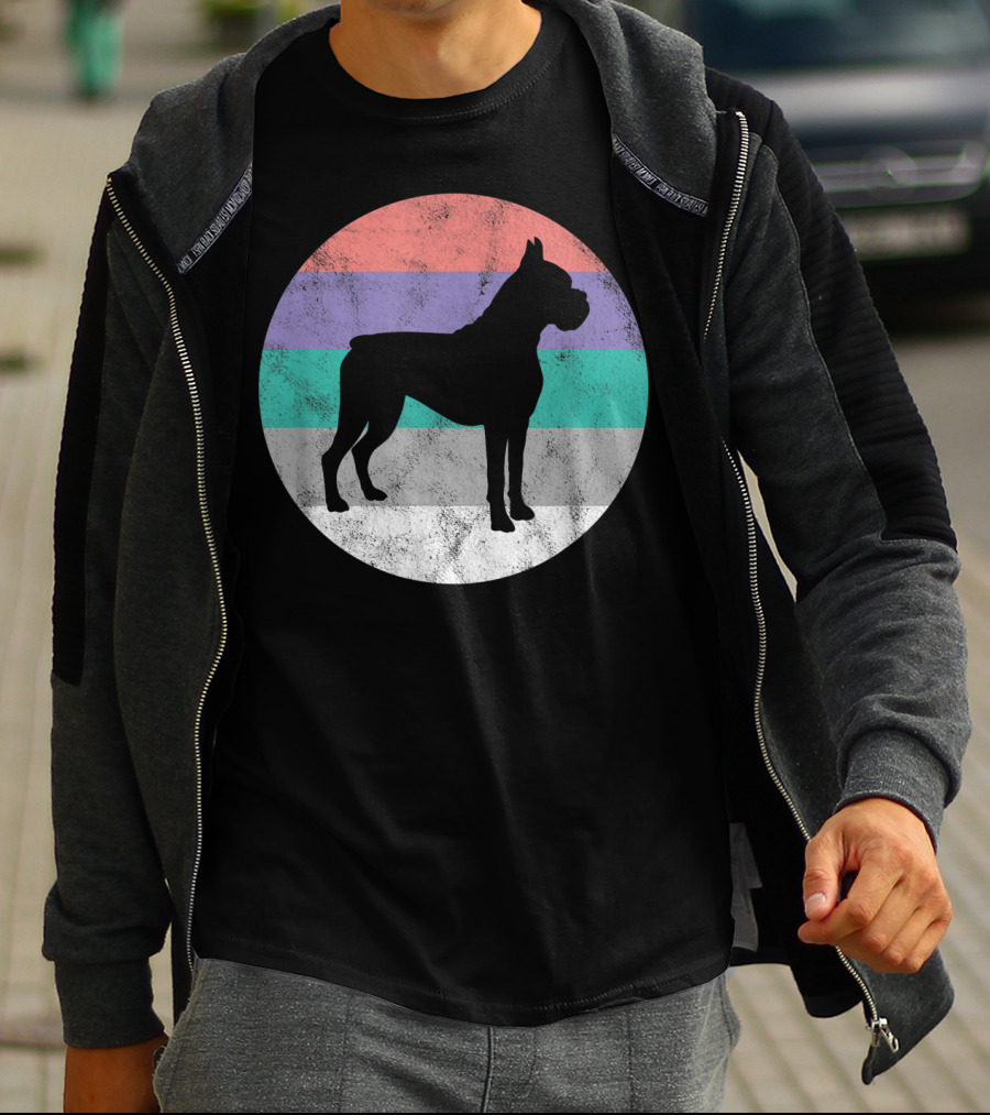 Boxer Dog Silhouette With Striped Circle Retro T-Shirt