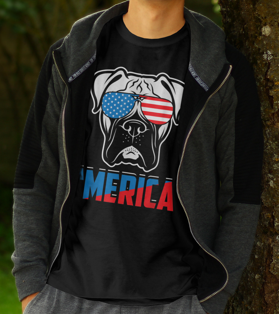 Boxer Dog In American Flag Sunglasses 'Merica Patriot T-Shirt