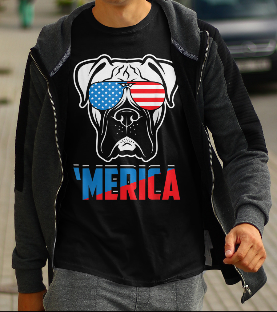 Boxer Dog In American Flag Sunglasses 'Merica Patriot T-Shirt