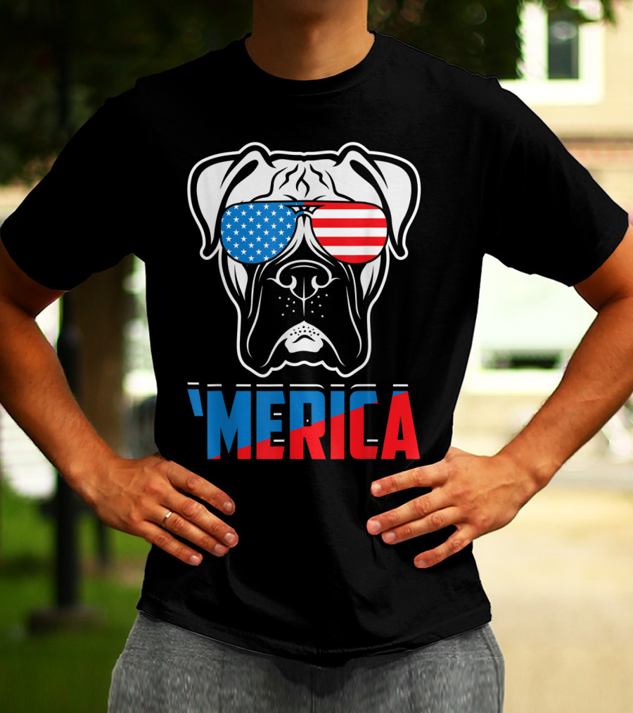 Boxer Dog In American Flag Sunglasses 'Merica Patriot T-Shirt